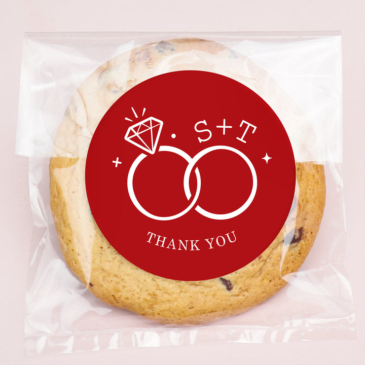 Custom Text Stickers & Clear Cookie Bags -  Cherry Red Wedding Rings
