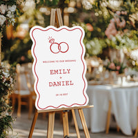 Personalized Text Cherry Red Wedding Rings Welcome Sign (Select Your Size)