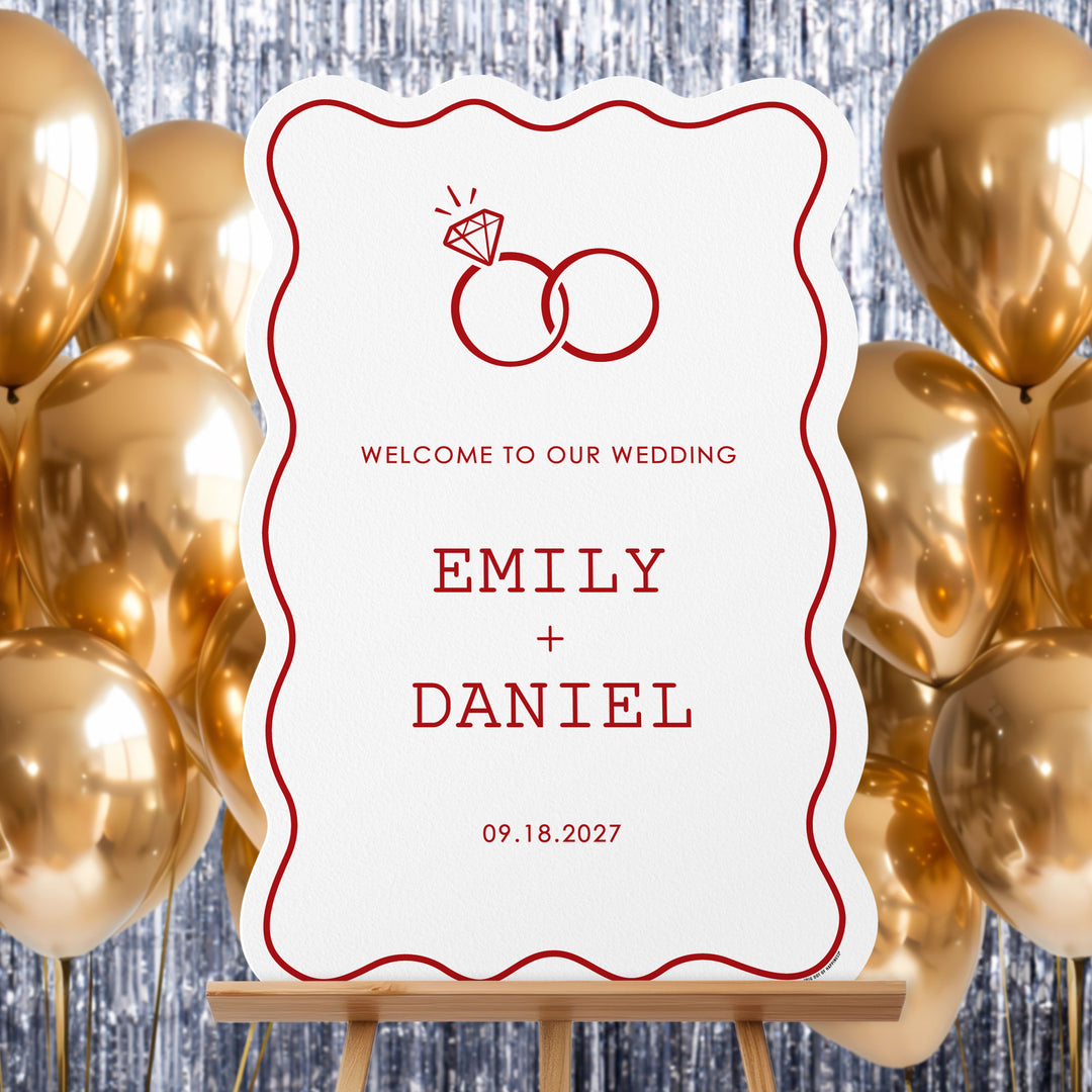 Personalized Text Cherry Red Wedding Rings Welcome Sign (Select Your Size)