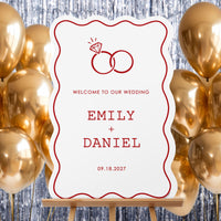 Personalized Text Cherry Red Wedding Rings Welcome Sign (Select Your Size)