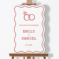 Personalized Text Cherry Red Wedding Rings Welcome Sign (Select Your Size)