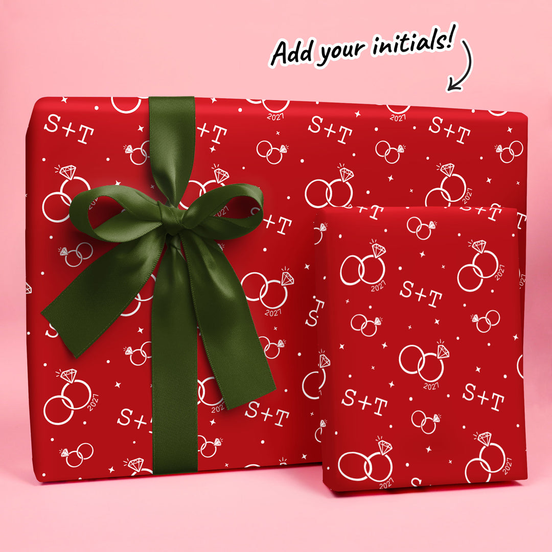 Custom Text Wrapping Paper - Cherry Red Wedding Rings