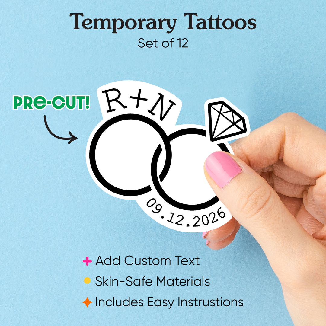 Custom Text Wedding Rings Temporary Tattoos - 12 Ct