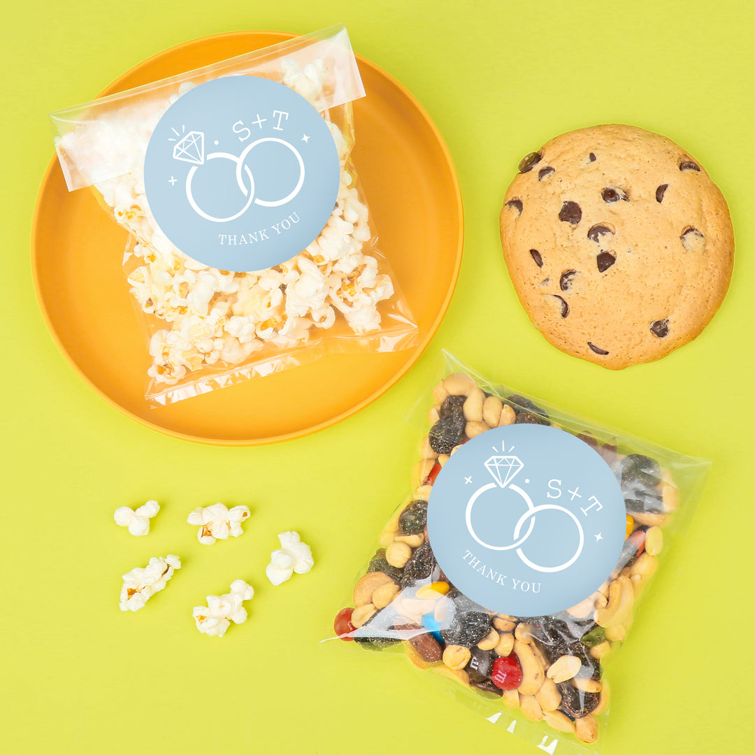 Custom Text Stickers & Clear Cookie Bags -  Dusty Blue Wedding Rings