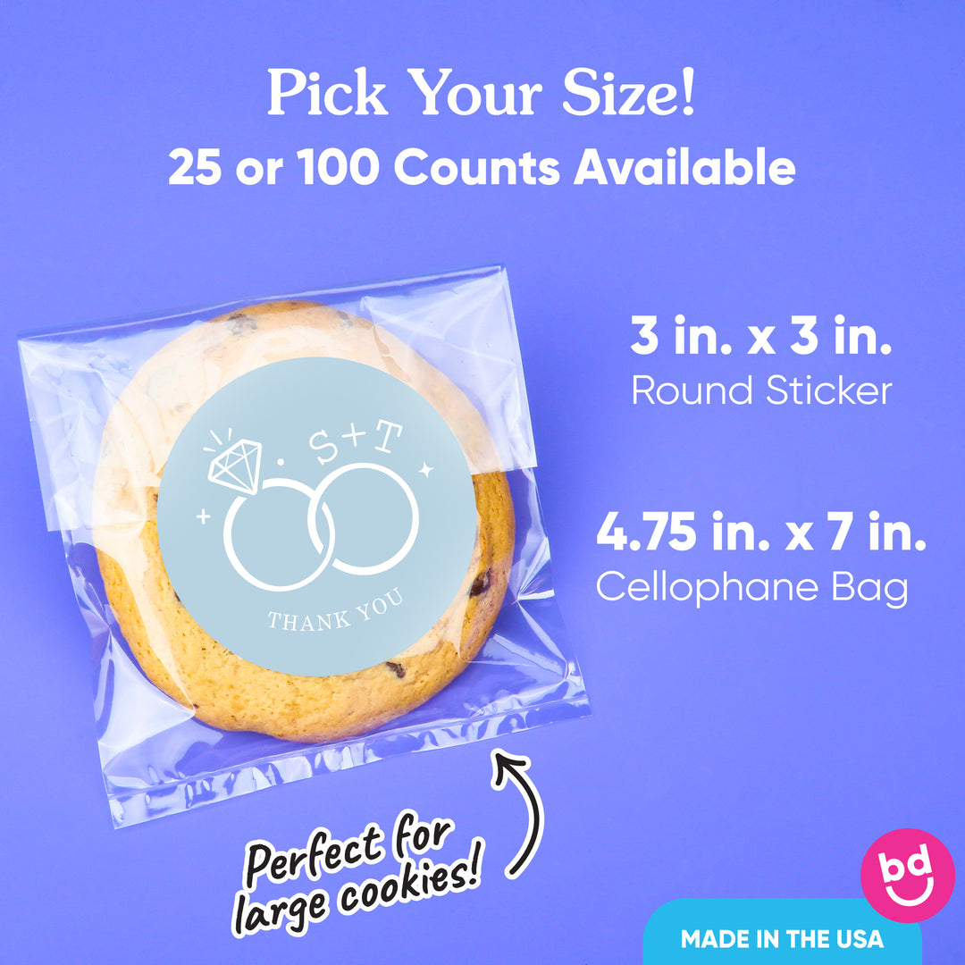 Custom Text Stickers & Clear Cookie Bags -  Dusty Blue Wedding Rings