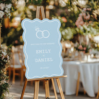 Personalized Text Dusty Blue Wedding Rings Welcome Sign (Select Your Size)
