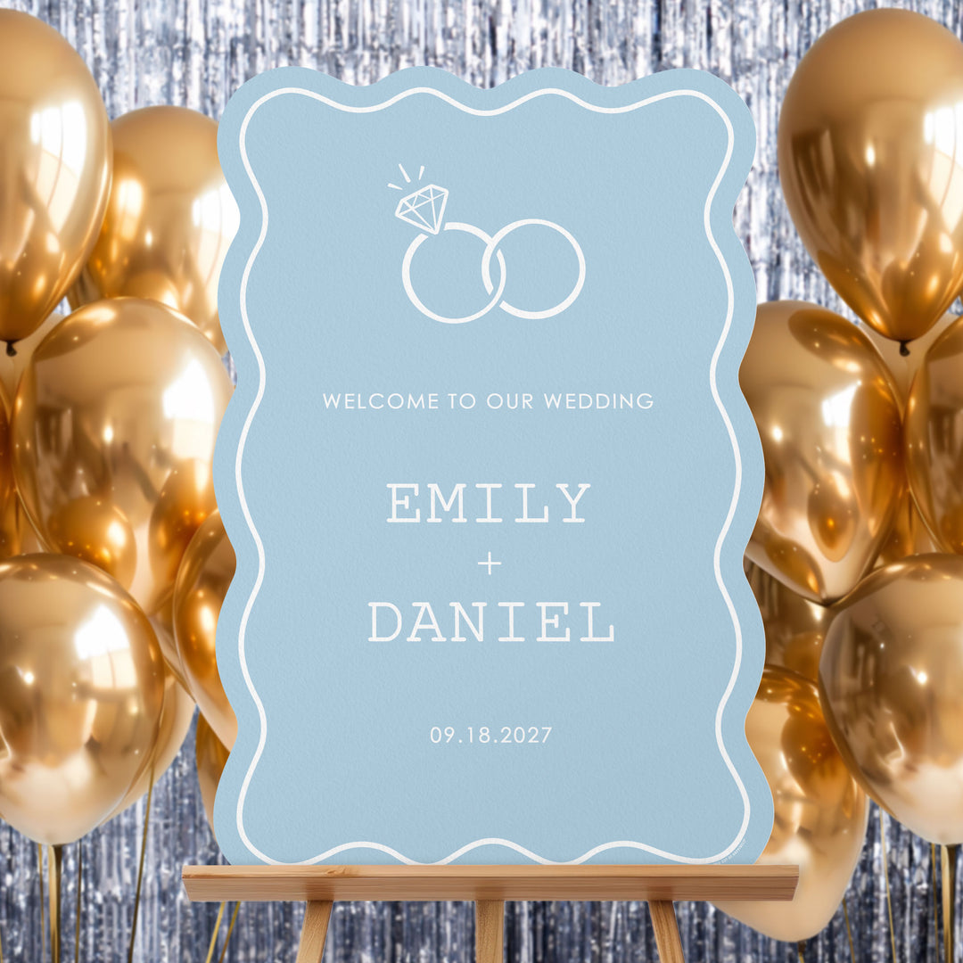 Personalized Text Dusty Blue Wedding Rings Welcome Sign (Select Your Size)