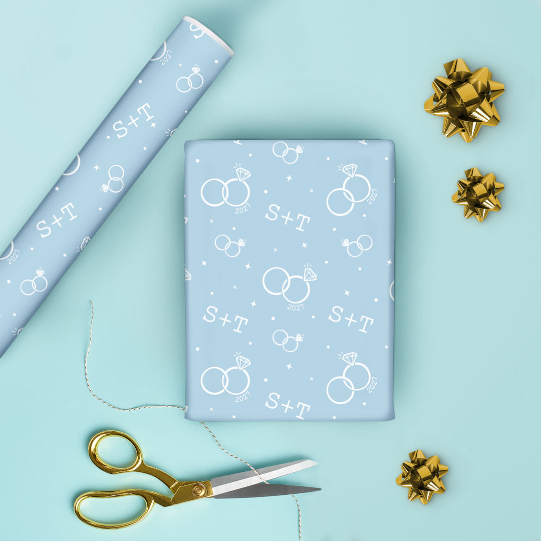Custom Text Wrapping Paper - Dusty Blue Wedding Rings