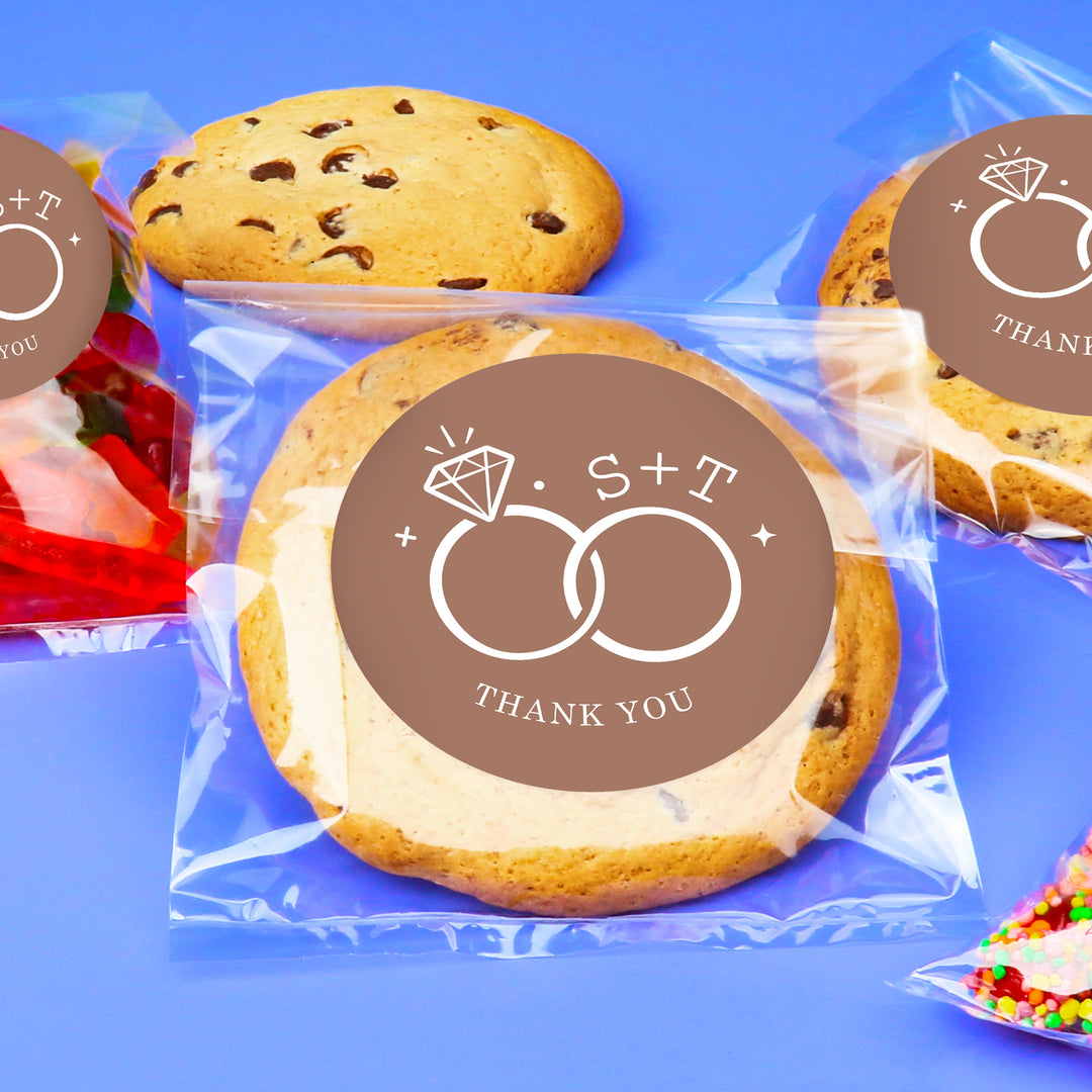 Custom Text Stickers & Clear Cookie Bags -  Mocha Brown Wedding Rings
