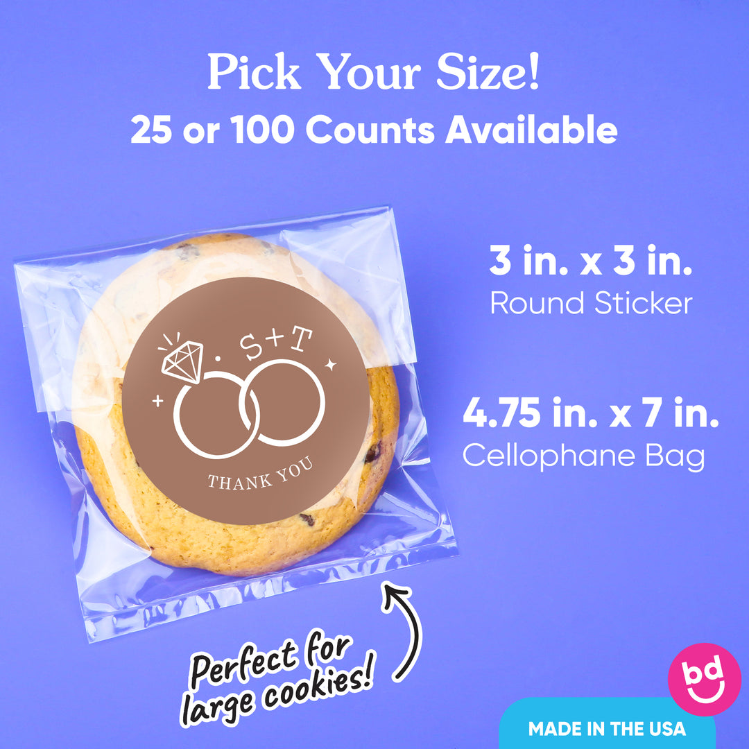 Custom Text Stickers & Clear Cookie Bags -  Mocha Brown Wedding Rings