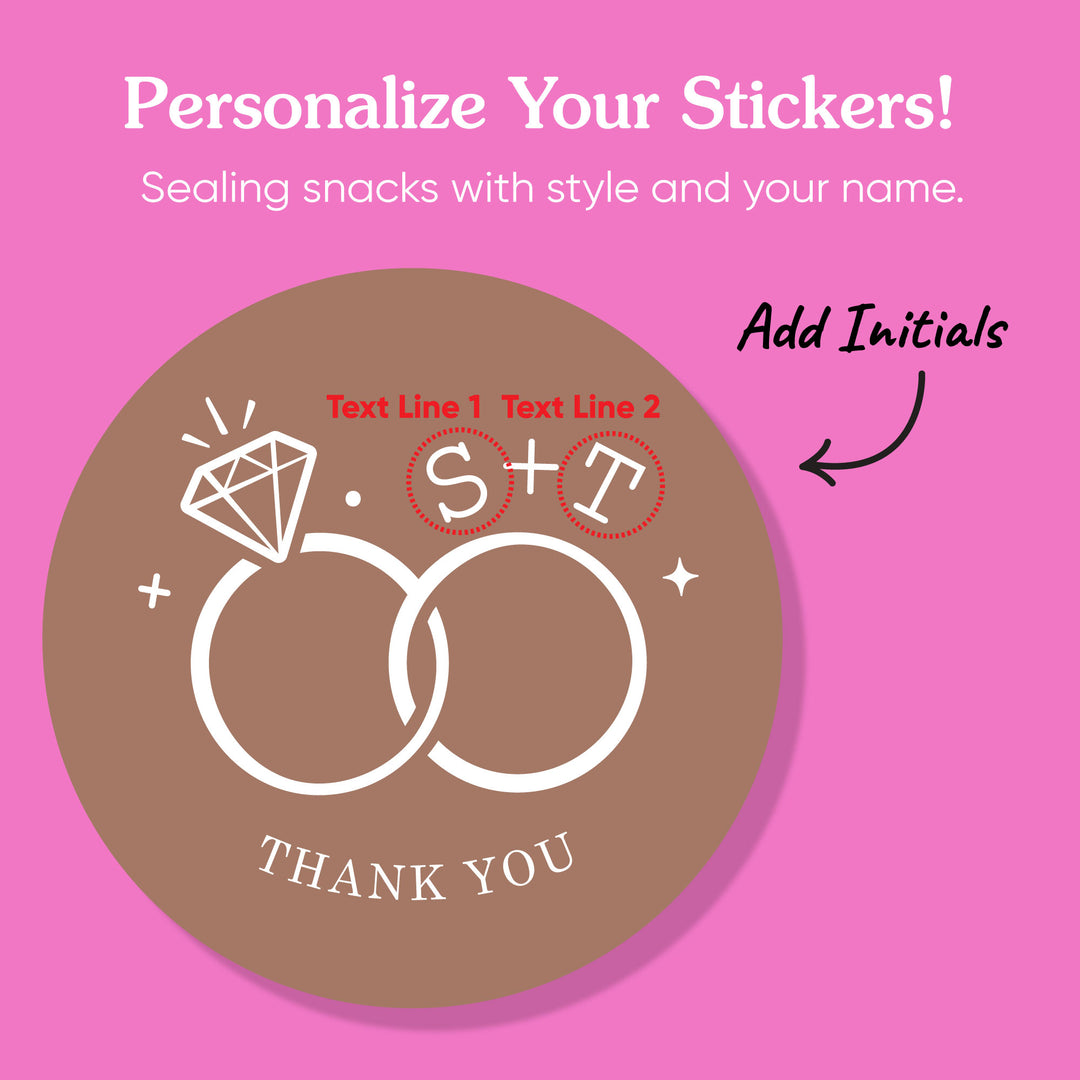 Custom Text Stickers & Clear Cookie Bags -  Mocha Brown Wedding Rings