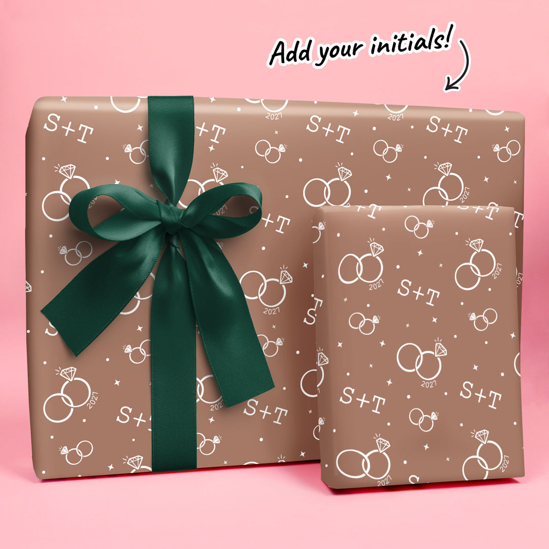 Custom Text Wrapping Paper - Mocha Brown Wedding Rings