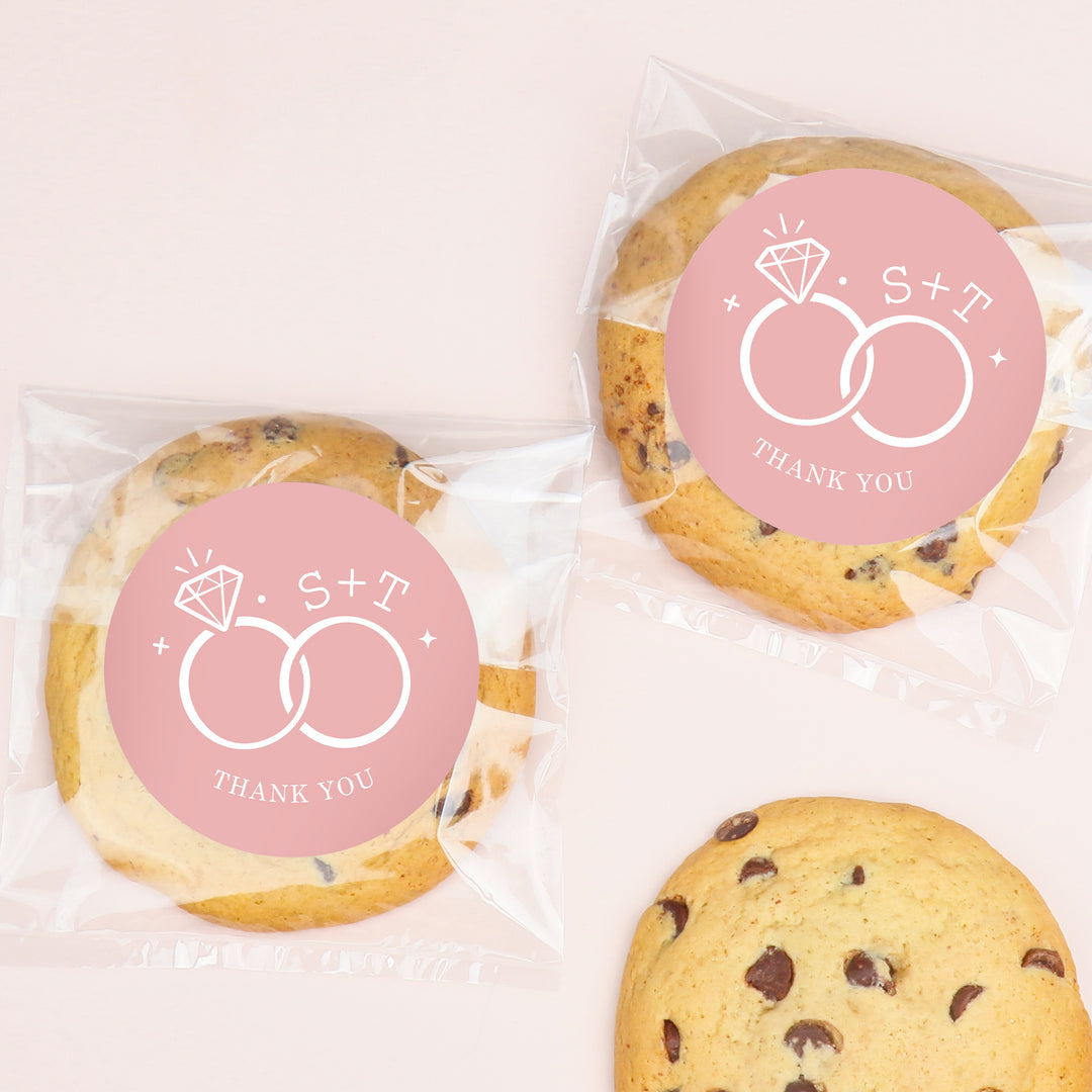 Custom Text Stickers & Clear Cookie Bags -  Pink Wedding Rings