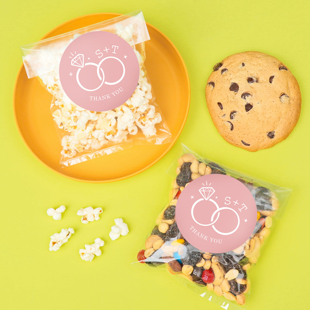 Custom Text Stickers & Clear Cookie Bags -  Pink Wedding Rings