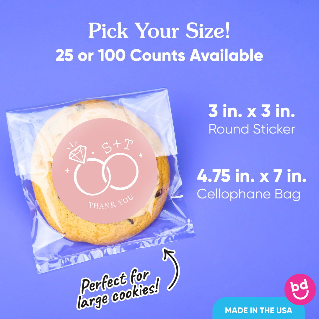 Custom Text Stickers & Clear Cookie Bags -  Pink Wedding Rings