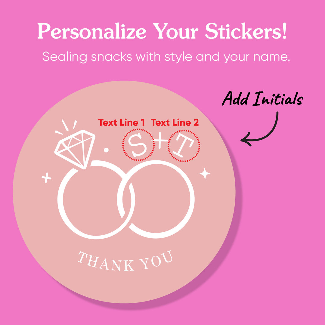 Custom Text Stickers & Clear Cookie Bags -  Pink Wedding Rings