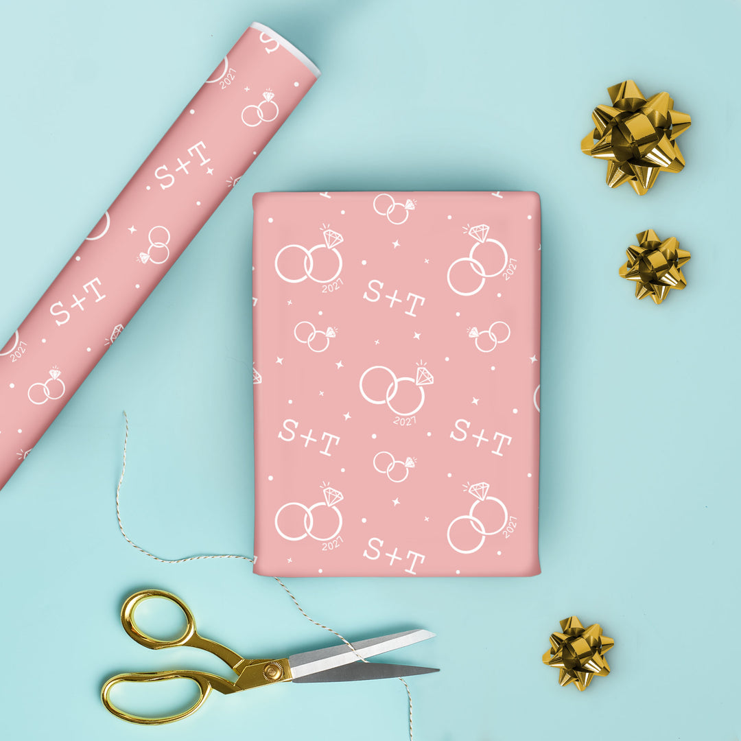 Custom Text Wrapping Paper - Pink Wedding Rings