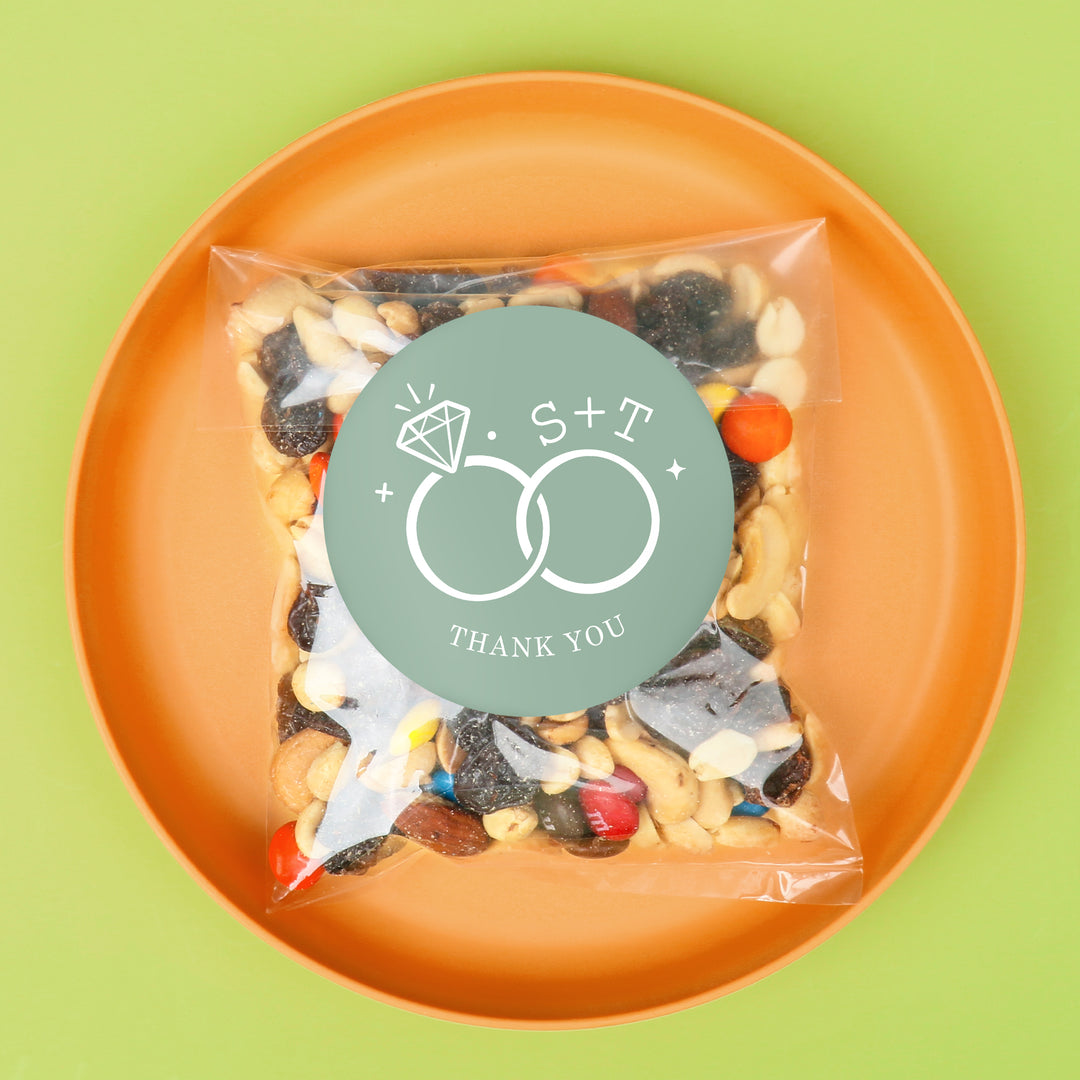 Custom Text Stickers & Clear Cookie Bags -  Sage Green Wedding Rings