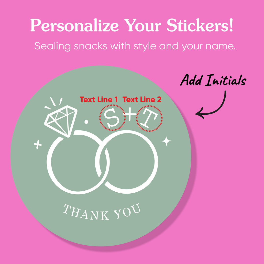 Custom Text Stickers & Clear Cookie Bags -  Sage Green Wedding Rings
