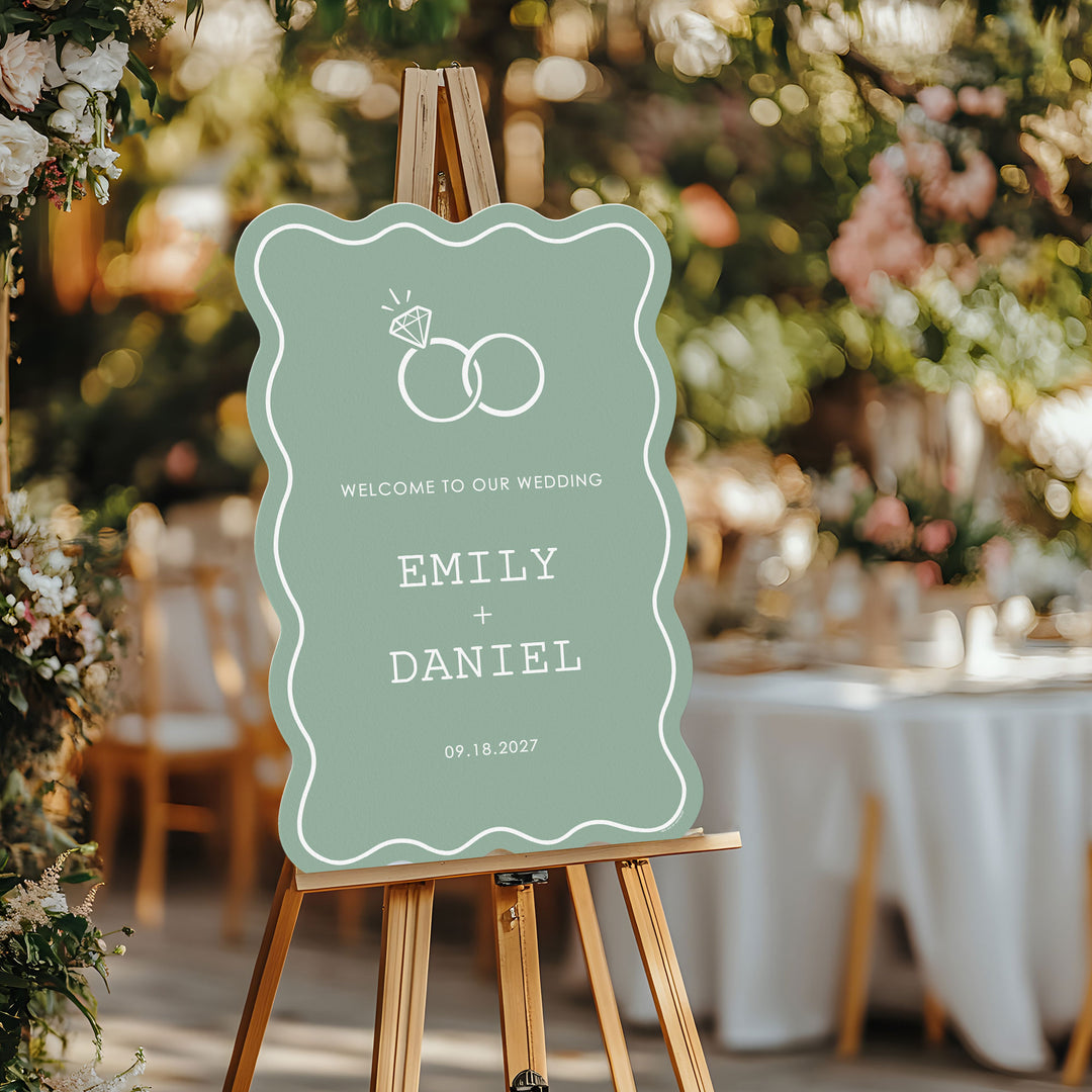 Personalized Text Sage Green Wedding Rings Welcome Sign (Select Your Size)
