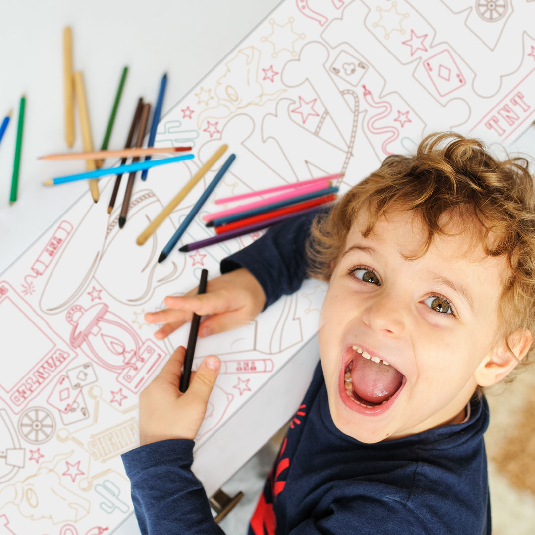 Kids coloring western table runner at country-themed party