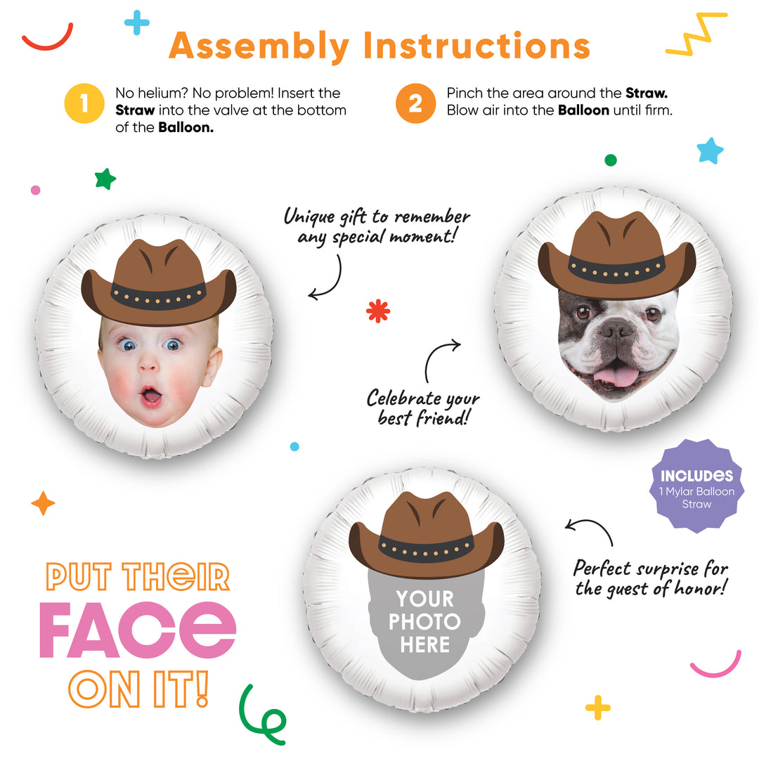 Personalized Fun Face Cowboy Hat Balloon - Double Sided - 1 Ct