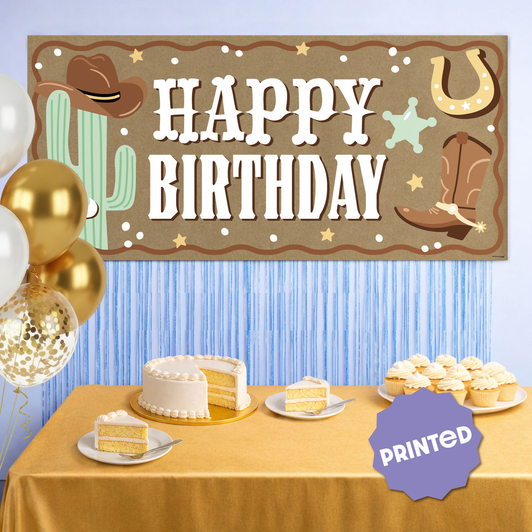 Cowboy birthday party backdrop with cactus and sheriff star