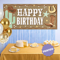 Cowboy birthday party backdrop with cactus and sheriff star