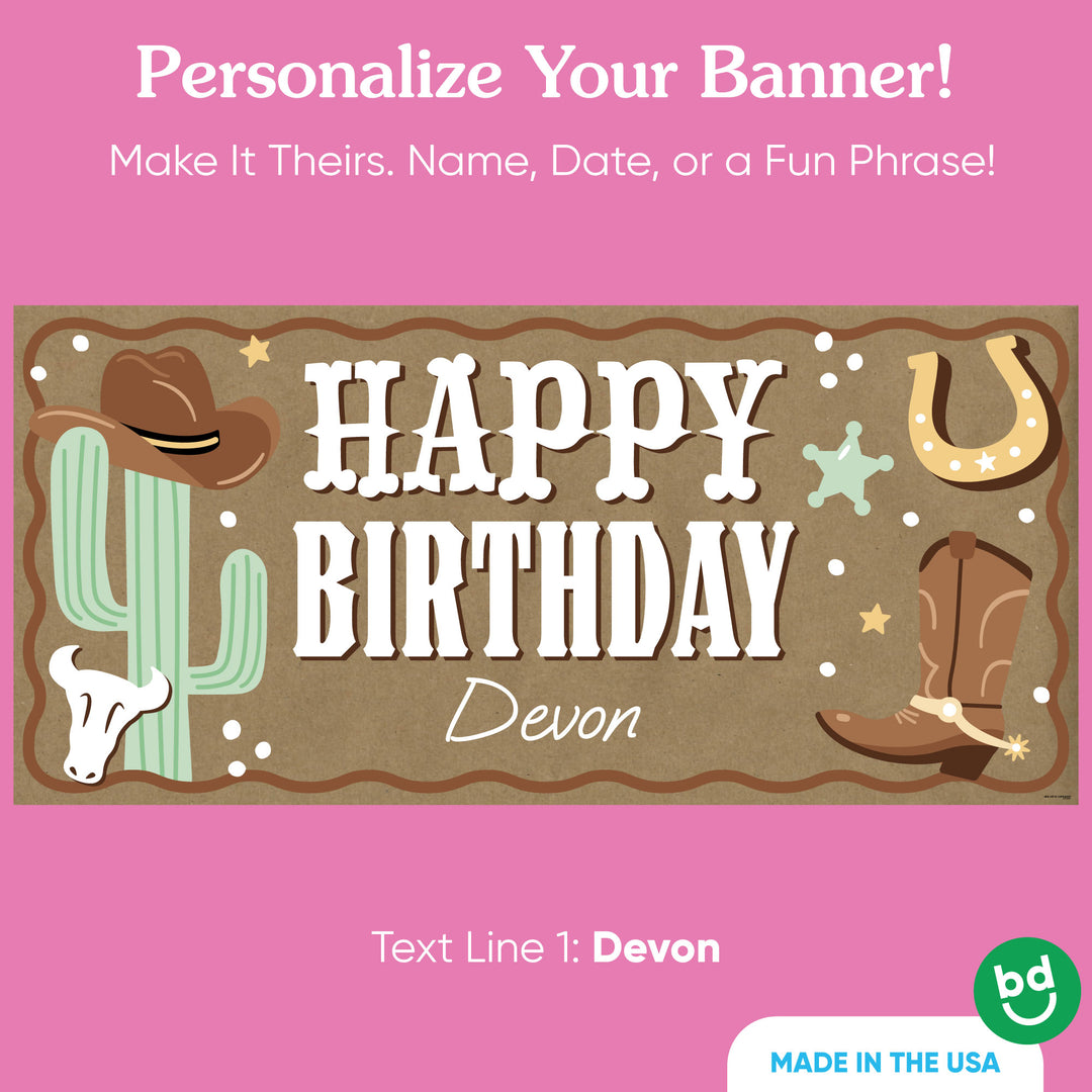 Custom name printed on western birthday banner