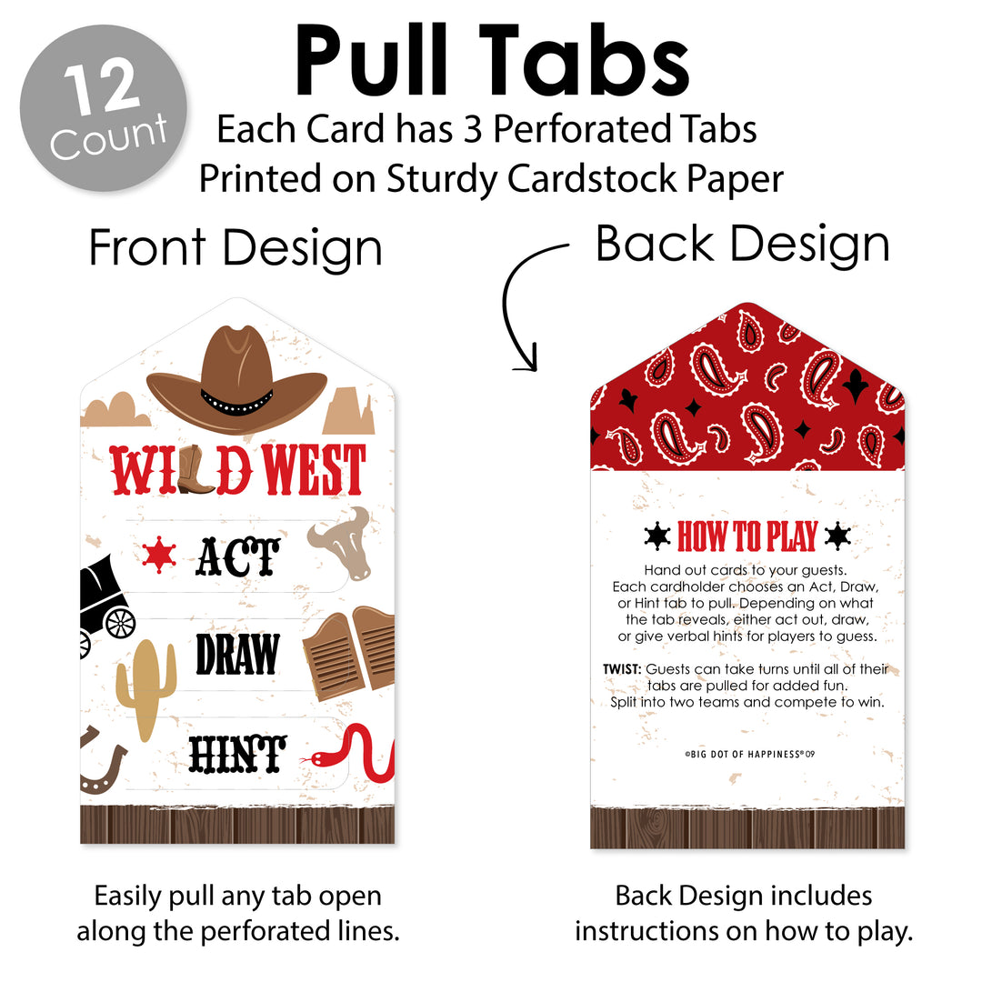 Western Hoedown - Wild West Cowboy Party Game Pickle Cards - Act, Draw, Hint Pull Tabs - Set of 12