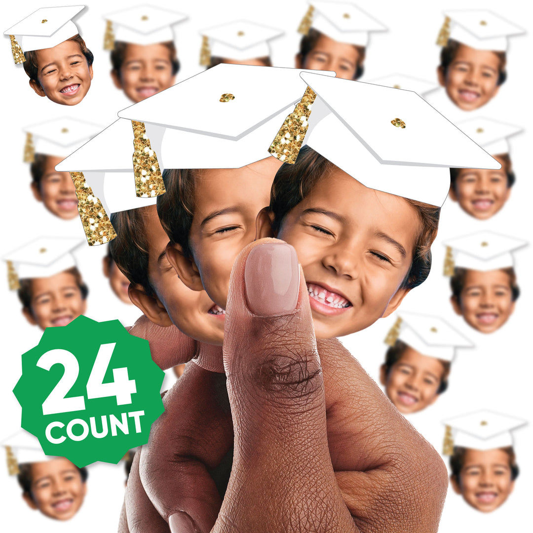 Custom Fun Face White & Gold Grad Cap Cut-Outs - 24 Ct