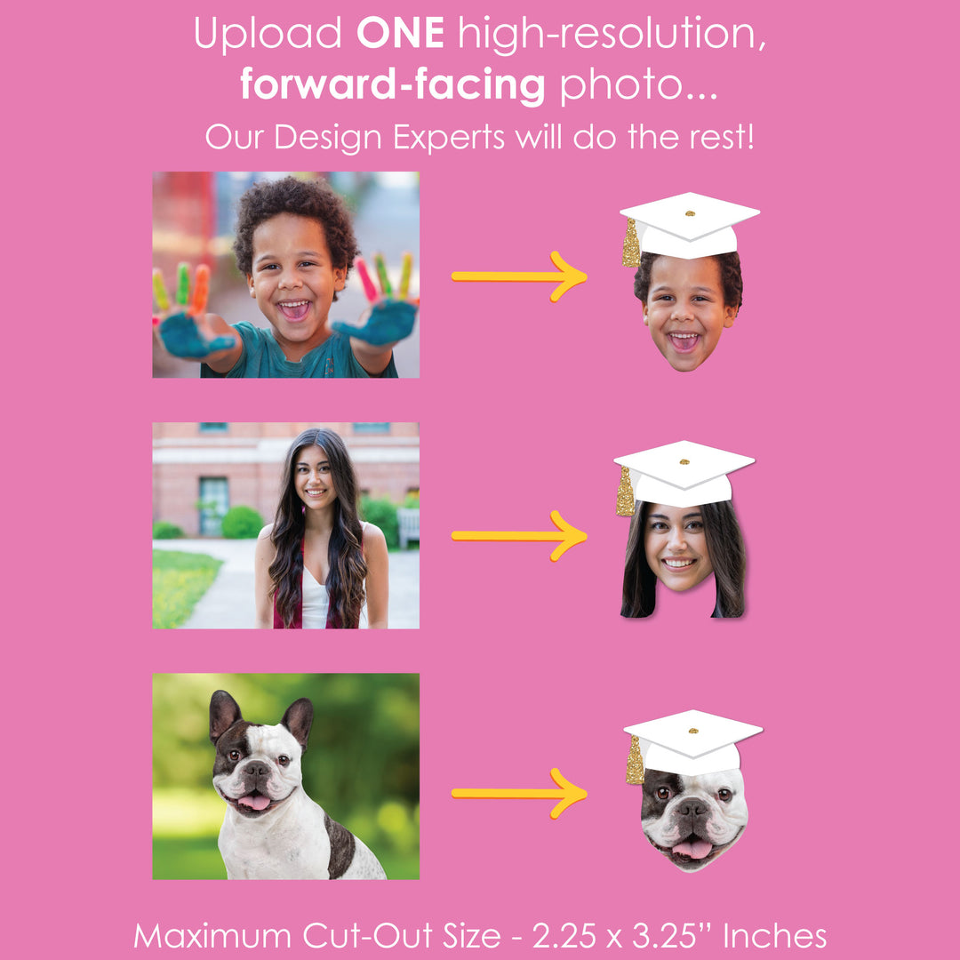 Custom Fun Face White & Gold Grad Cap Cut-Outs - 24 Ct