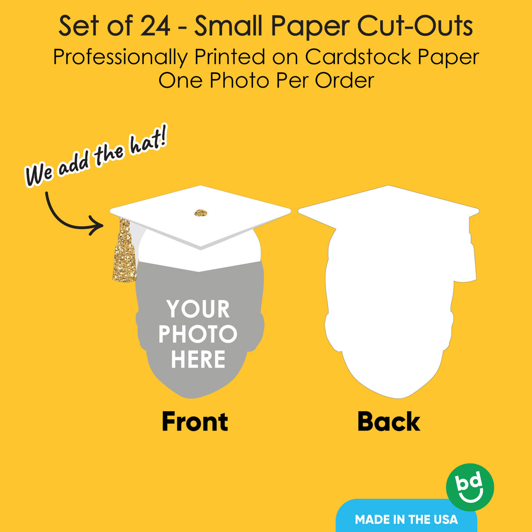 Custom Fun Face White & Gold Grad Cap Cut-Outs - 24 Ct
