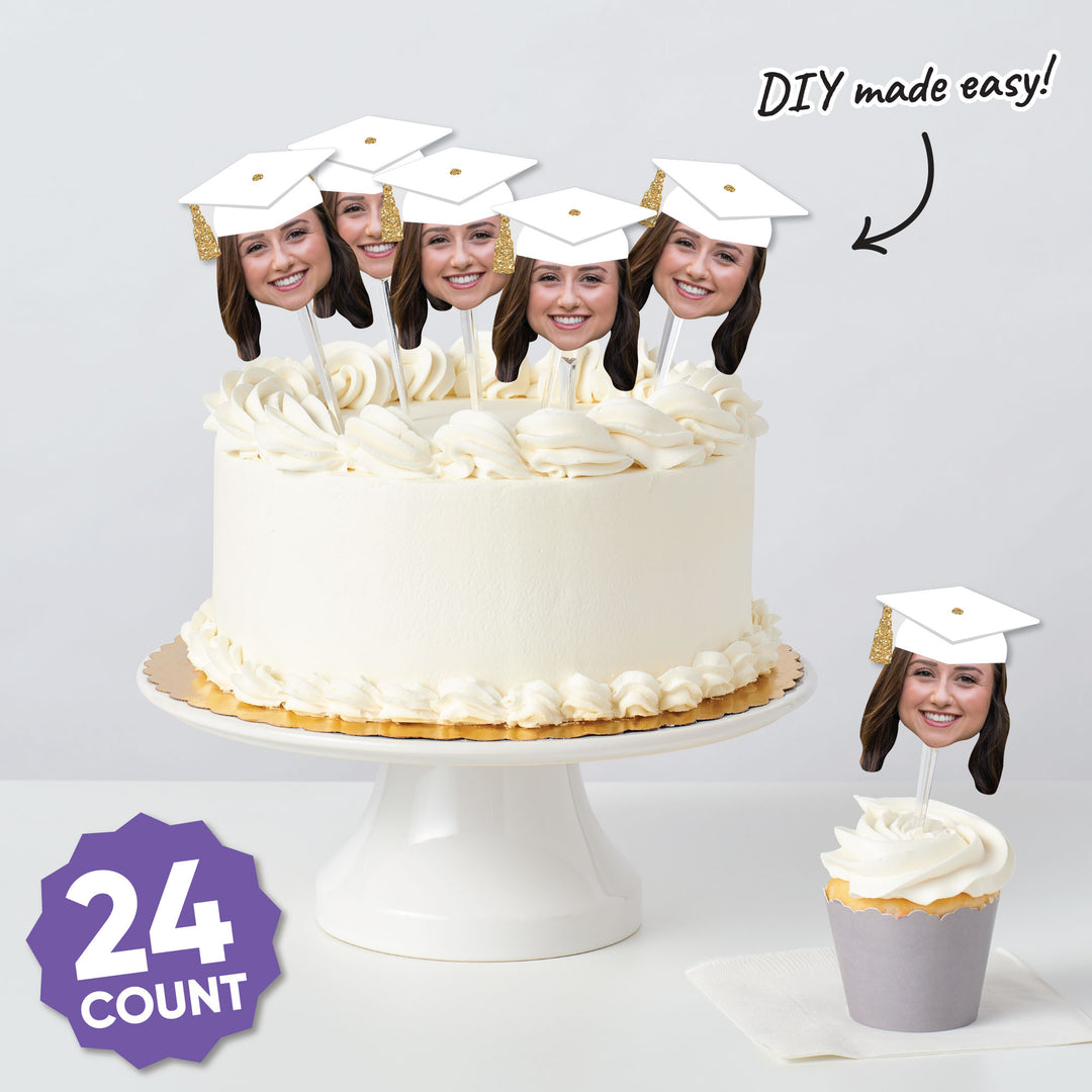 Custom Fun Face White & Gold Grad Cap Cut-Outs - 24 Ct