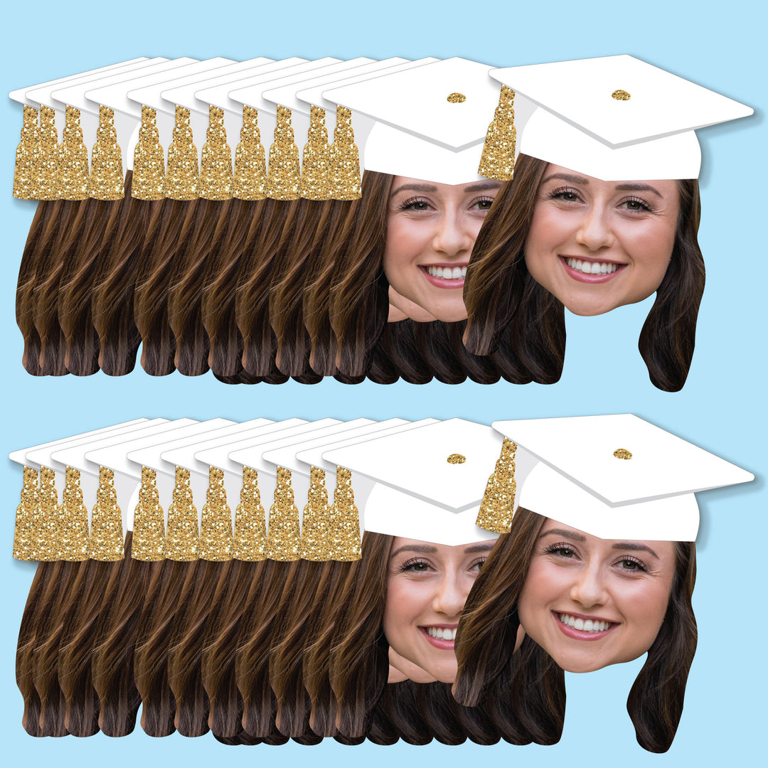 Custom Fun Face White & Gold Grad Cap Cut-Outs - 24 Ct