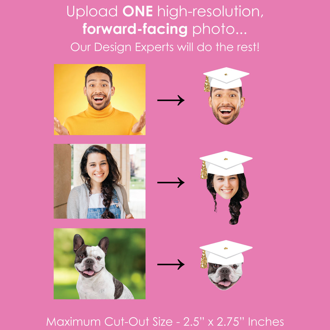 Custom Fun Face White & Gold Grad Cap Treat Picks - 24 Ct