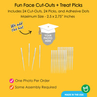 Custom Fun Face White & Gold Grad Cap Treat Picks - 24 Ct