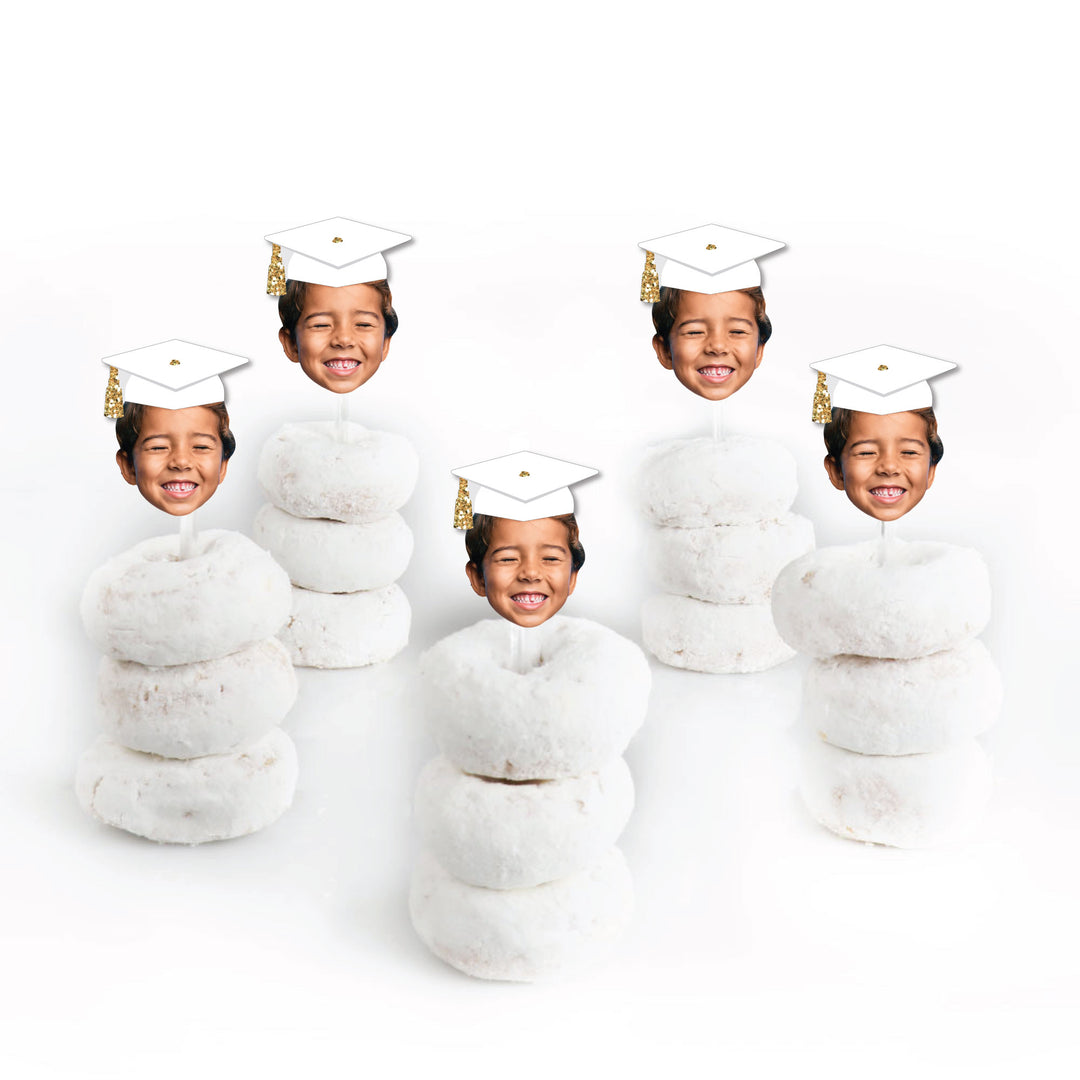Custom Fun Face White & Gold Grad Cap Treat Picks - 24 Ct