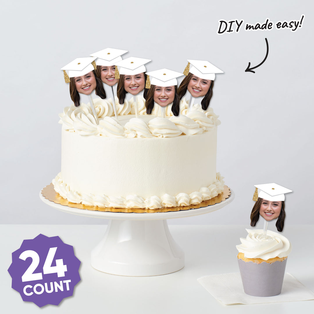 Custom Fun Face White & Gold Grad Cap Treat Picks - 24 Ct