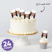 Custom Fun Face White & Gold Grad Cap Treat Picks - 24 Ct