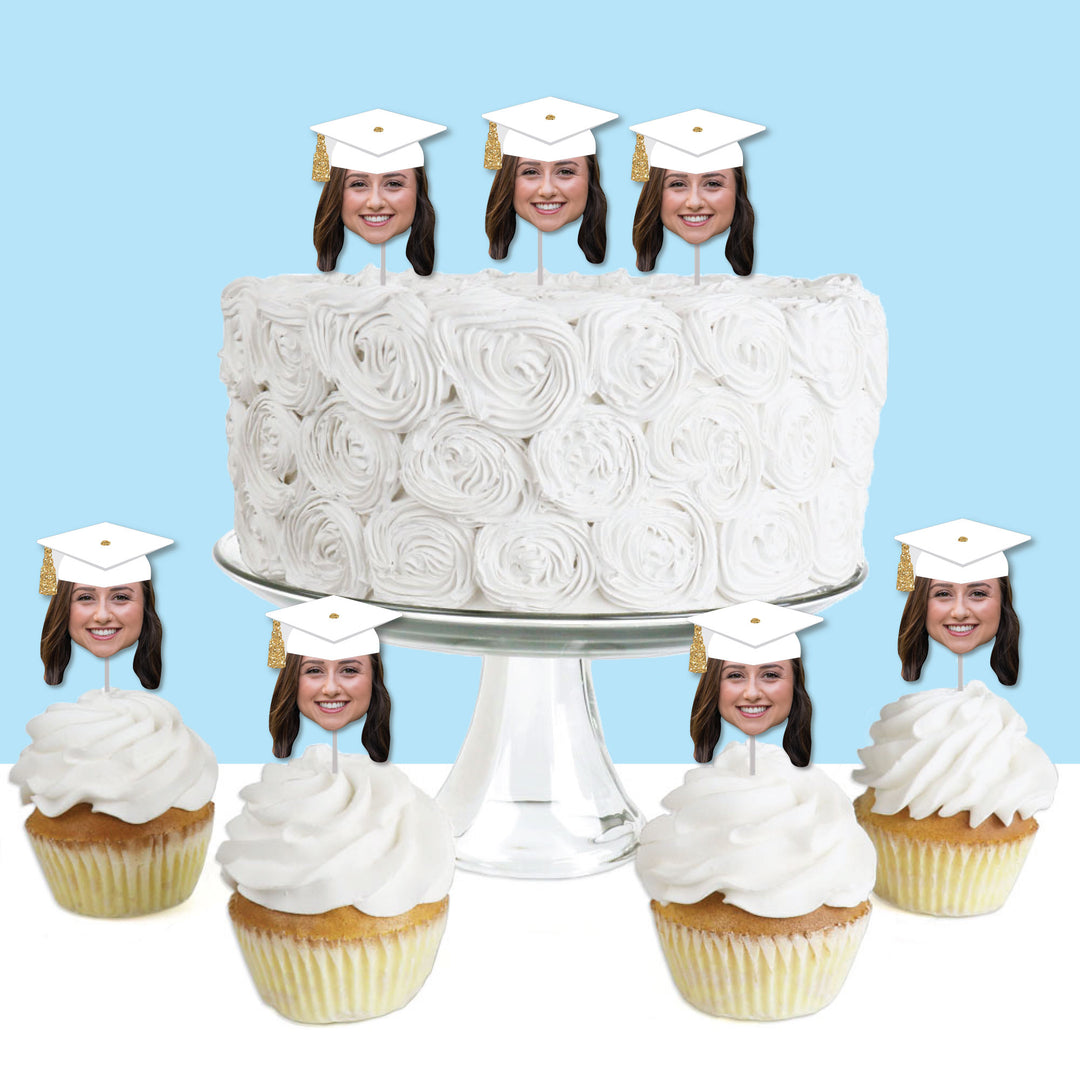 Custom Fun Face White & Gold Grad Cap Treat Picks - 24 Ct