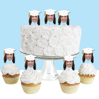 Custom Fun Face White & Gold Grad Cap Treat Picks - 24 Ct