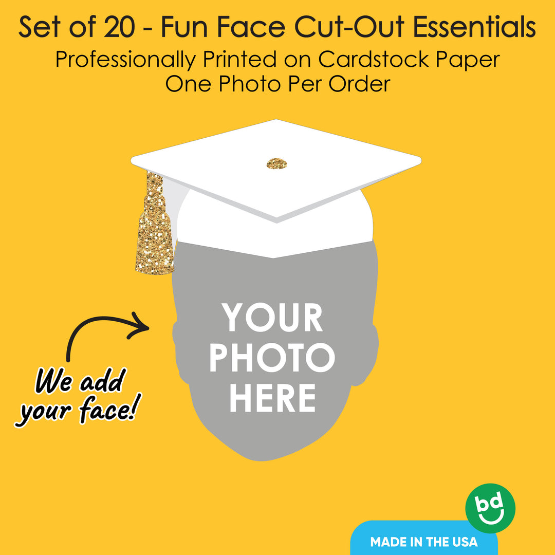 Custom Fun Face White & Gold Grad Cap Essentials - 20 Ct