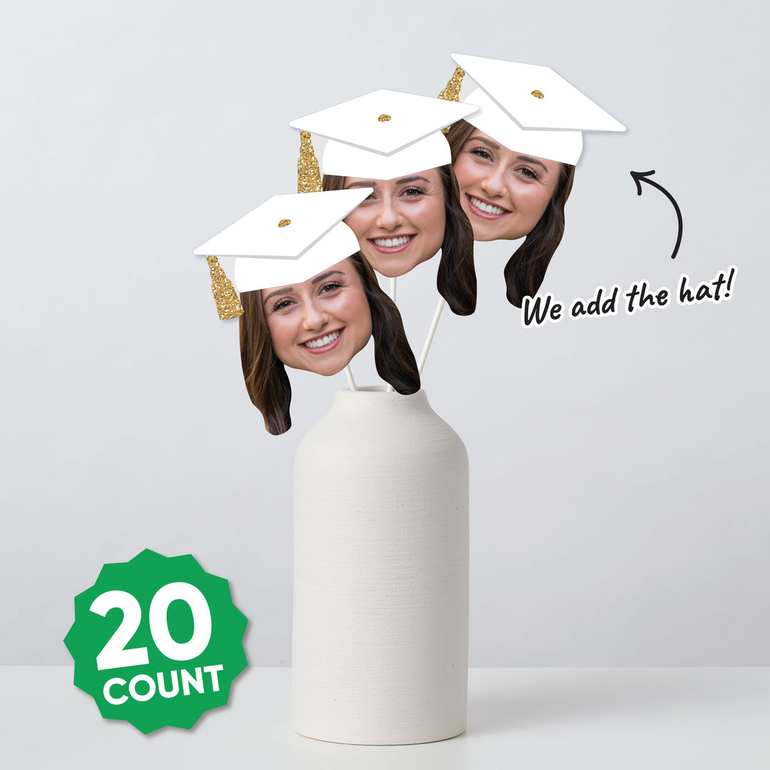 Custom Fun Face White & Gold Grad Cap Essentials - 20 Ct