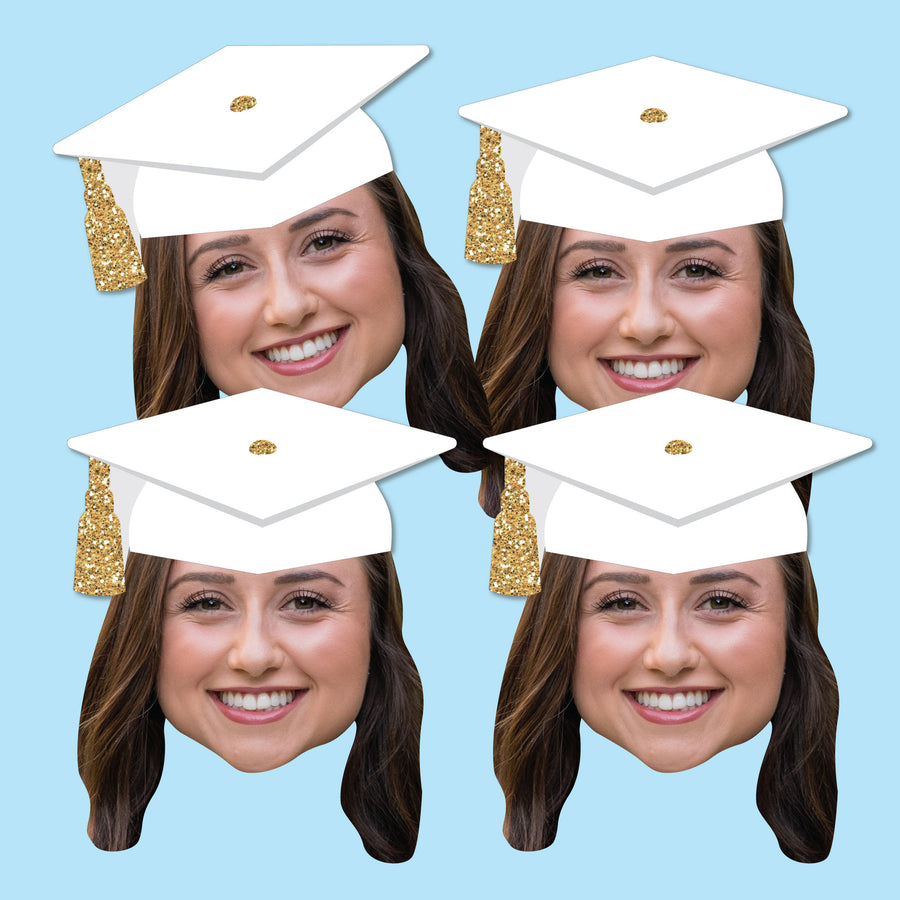 Custom Fun Face White & Gold Grad Cap Essentials - 20 Ct