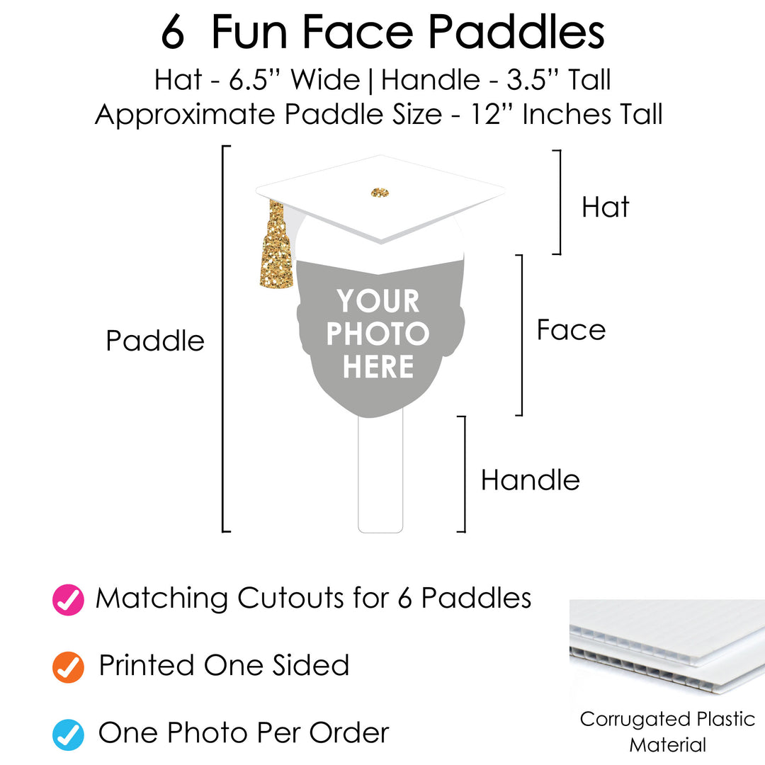 Custom Fun Face White & Gold Grad Paddles - 6 Ct