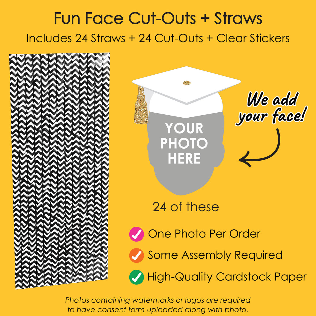 Custom Fun Face White & Gold Grad Cap Straw Decor - 24 Ct