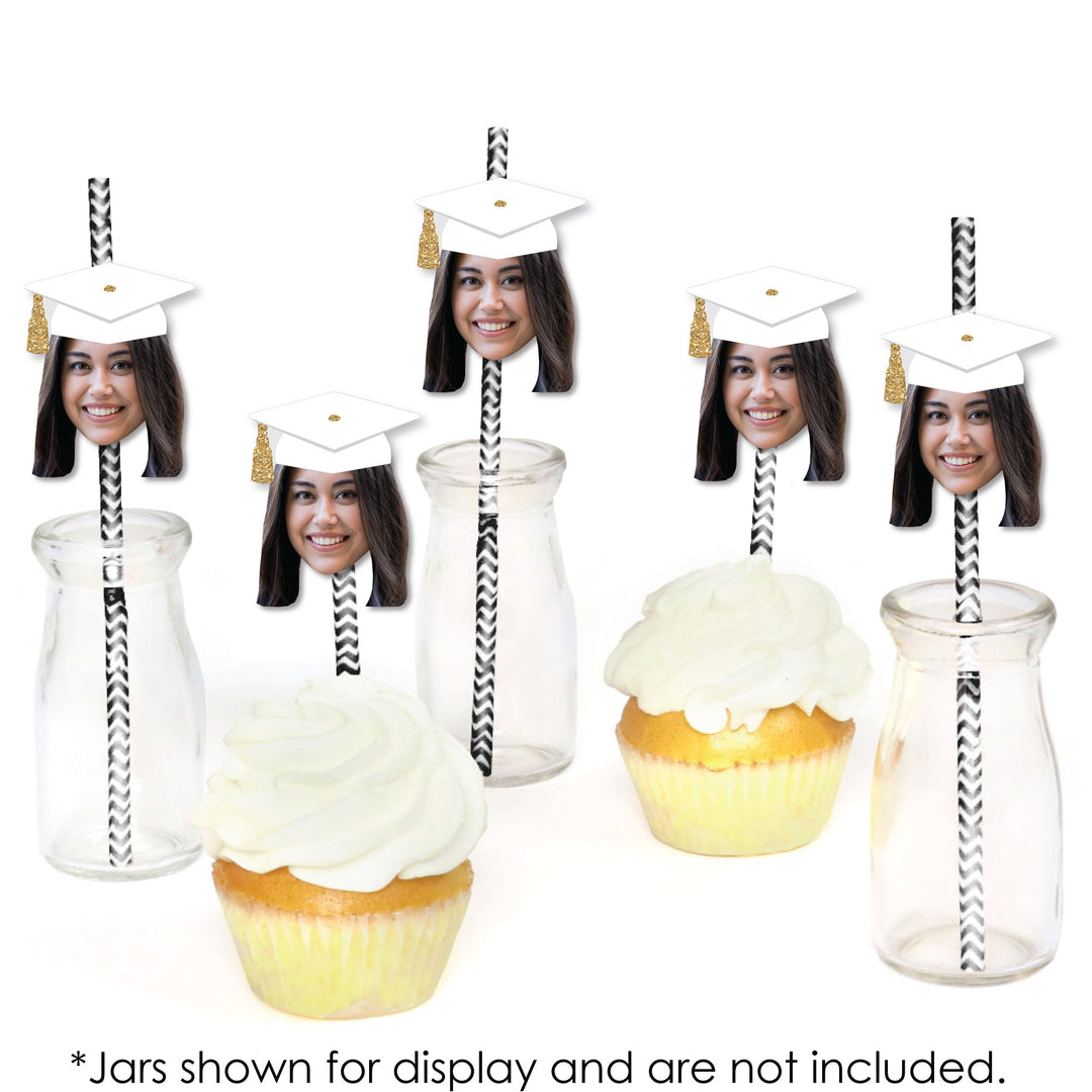 Custom Fun Face White & Gold Grad Cap Straw Decor - 24 Ct