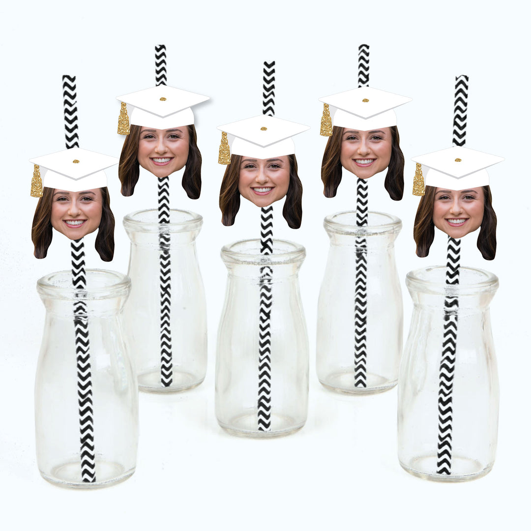 Custom Fun Face White & Gold Grad Cap Straw Decor - 24 Ct