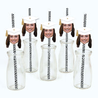 Custom Fun Face White & Gold Grad Cap Straw Decor - 24 Ct